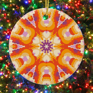 Retro Mandala Red Orange Purple and Yellow Ceramic Tree Decoration