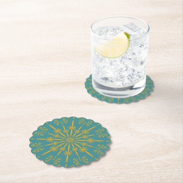 Retro Mandala Teal Paper Coasters (Insitu)