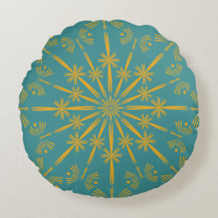 Retro Mandala Teal Round Pillow