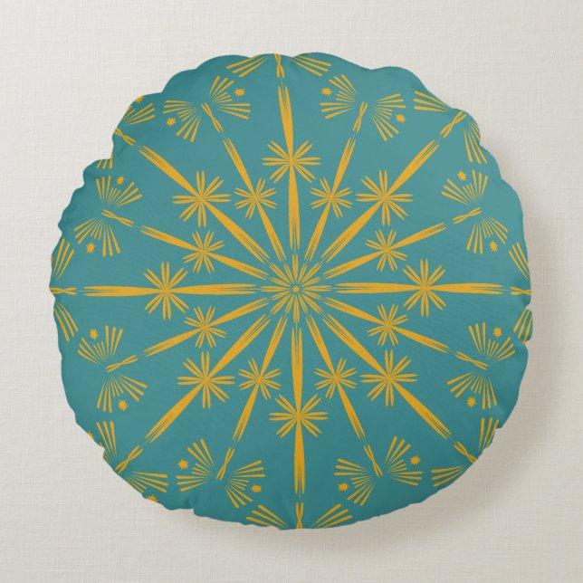 Retro Mandala Teal Round Pillow (Front)