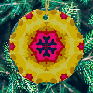 Retro Mandala Yellow Blue and Pink Ceramic Tree Decoration