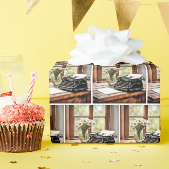 Retro Manual Typewriter With Daisies Wrapping Paper (Birthday Party)