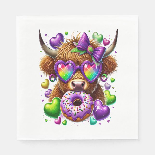 Retro Mardi Gras , Highland Cow Napkin (Front)