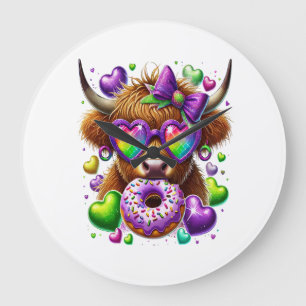 Retro Mardi Gras Png, Highland Cow Large Clock