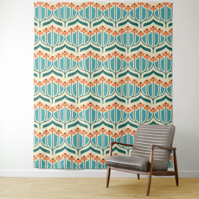 Retro marigolds tapestry (In Situ)