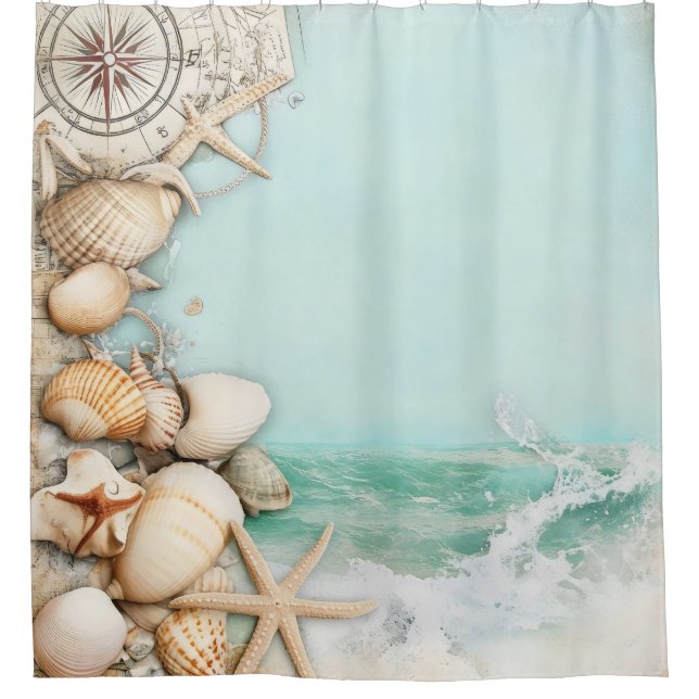 Retro Maritime Beach Scene Shower Curtain (Front)