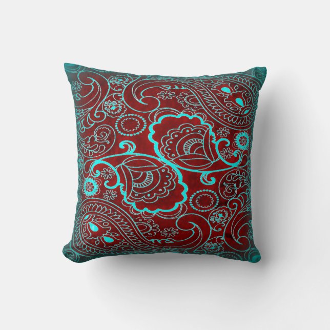 Retro Maroon and Teal Paisley Pattern Cushion (Front)