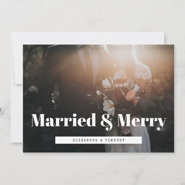 Retro Married and Merry newlyweds wedding photo Holiday Card (Front)