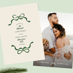 Retro Married Bows Cream & Green Photo Holiday Card