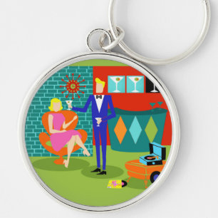 Retro Martini Couple Round Keychain