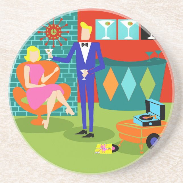 Retro Martini Couple Sandstone Coaster (Front)