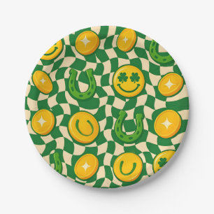 Retro Maximalist Checkerboard St. Patrick's Day  Paper Plate