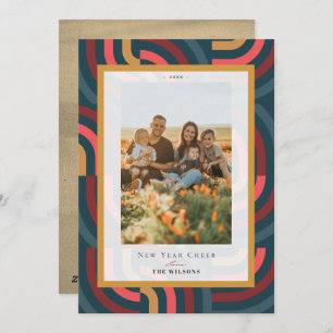 Retro Maximalist Geometric Teal 2 Photo New Year Holiday Card