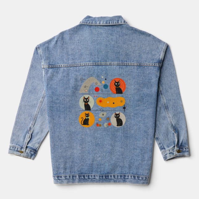 Retro MCM Black Cat: Cosmic Abstract Graphic Art Denim Jacket (Back)