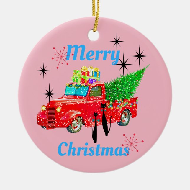 Retro MCM Cool Cat Red Truck Tree Ceramic Tree Decoration (Front)