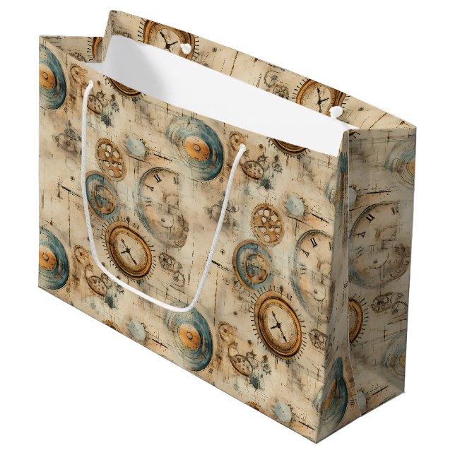 Retro Mechanical Blueprint Sepia Brown Large Gift Bag (Front Angled)