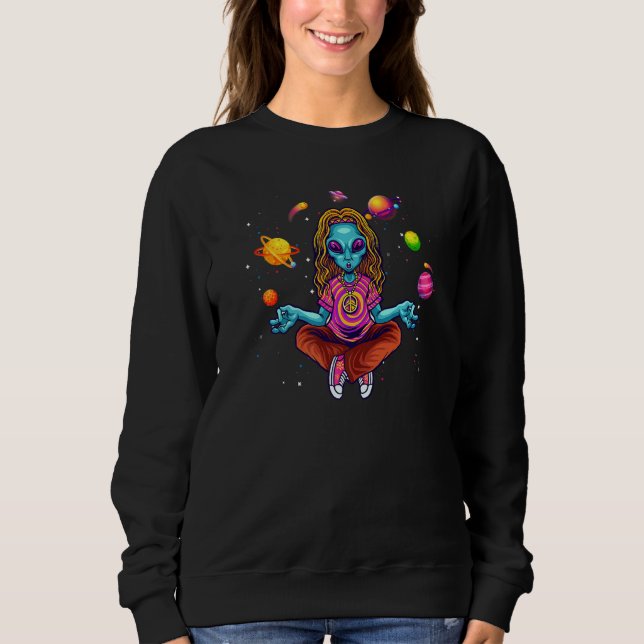 Retro Meditating Space Alien Yoga Poses & Planets  Sweatshirt (Front)
