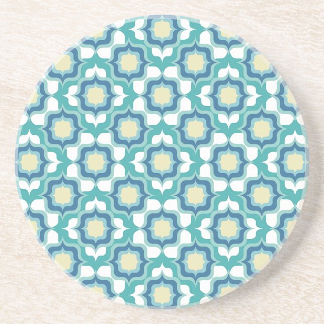 Retro Mediterranean Tiling Blue White Coaster (Front)