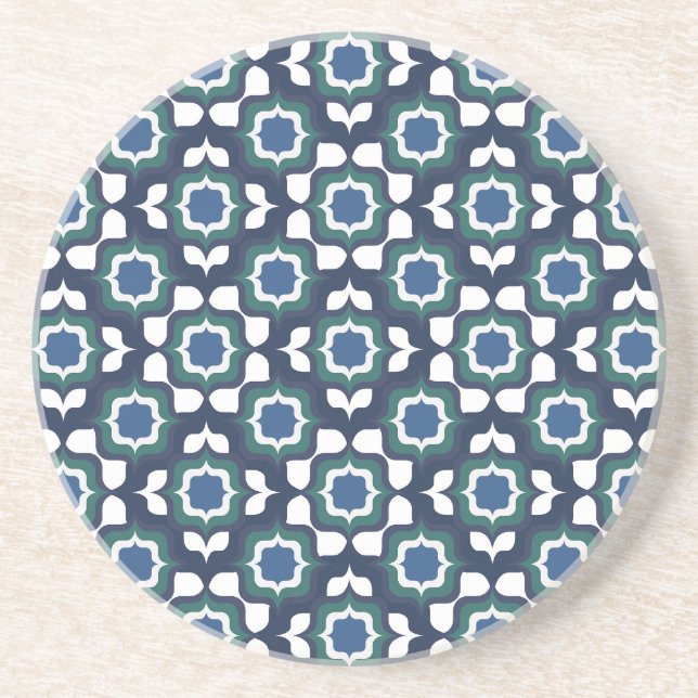 Retro Mediterranean Tiling Navy Blue White Coaster (Front)