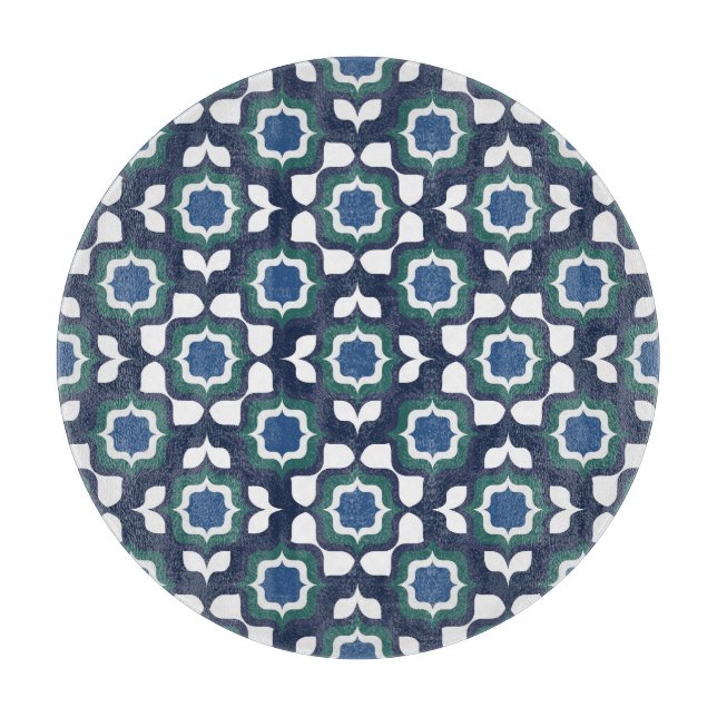 Retro Mediterranean Tiling Navy Blue White Cutting Board (Front)