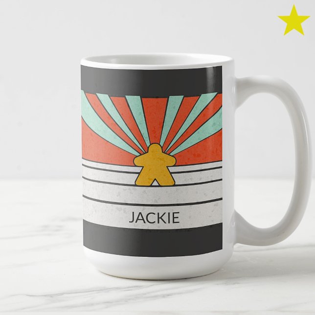Retro Meeple Stripes Sunburst Custom Name Coffee Mug (Creator Uploaded)
