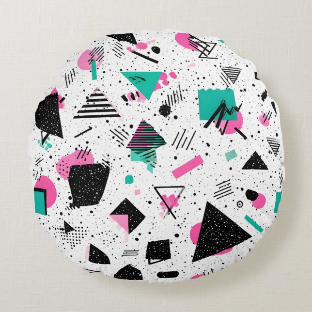 Retro Memphis Geometric Pattern Round Cushion (Front)