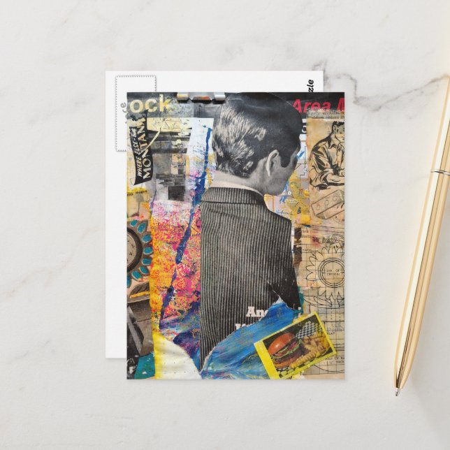 Retro men working Mixed media collage Postcard (Front/Back In Situ)