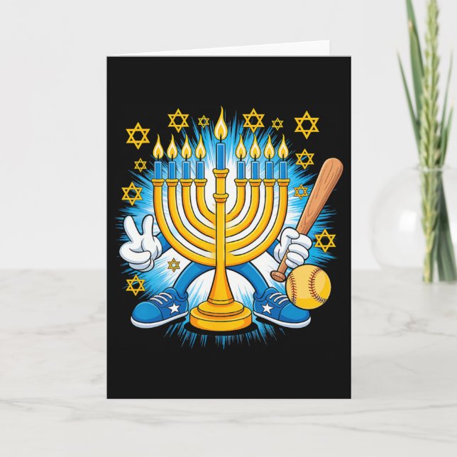 Retro Menorah Playing Softll Happy Hanukkah Pjs Bo Card (Front)