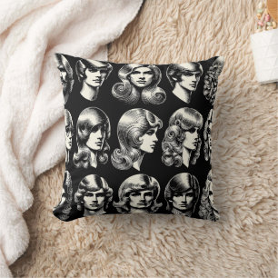 Retro Men's and Women's Hairstyles Illustration Cushion