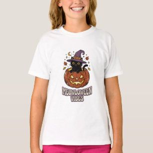 Retro Meowloween Vibes Black Cat Witch Pumpkin T-Shirt