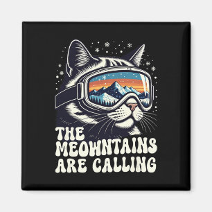 Retro Meowntains Are Calling Cat Funny Snowboardin Magnet