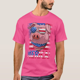 Retro Merica Pig Usa Flag Sunglasses Farmer Happy T-Shirt