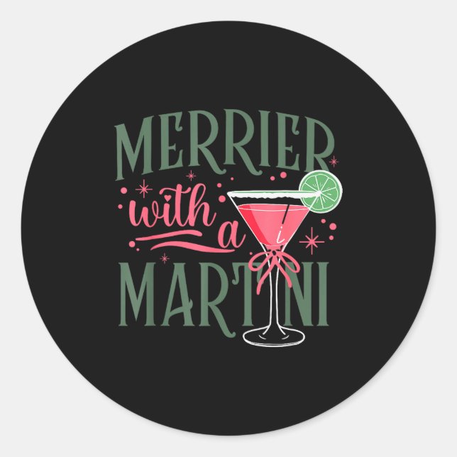 Retro Merrier With A Martini Tail Lover Merry Xmas Classic Round Sticker (Front)