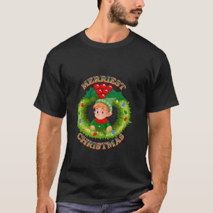 Retro Merriest Christmas Merry Elf Wreath Lights H T-Shirt