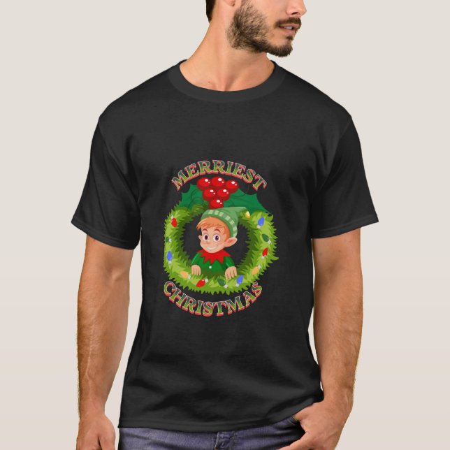 Retro Merriest Christmas Merry Elf Wreath Lights H T-Shirt (Front)