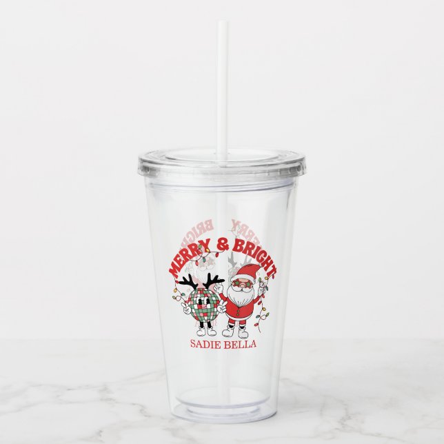 Retro Merry And Bright Christmas Acrylic Tumbler (Front)