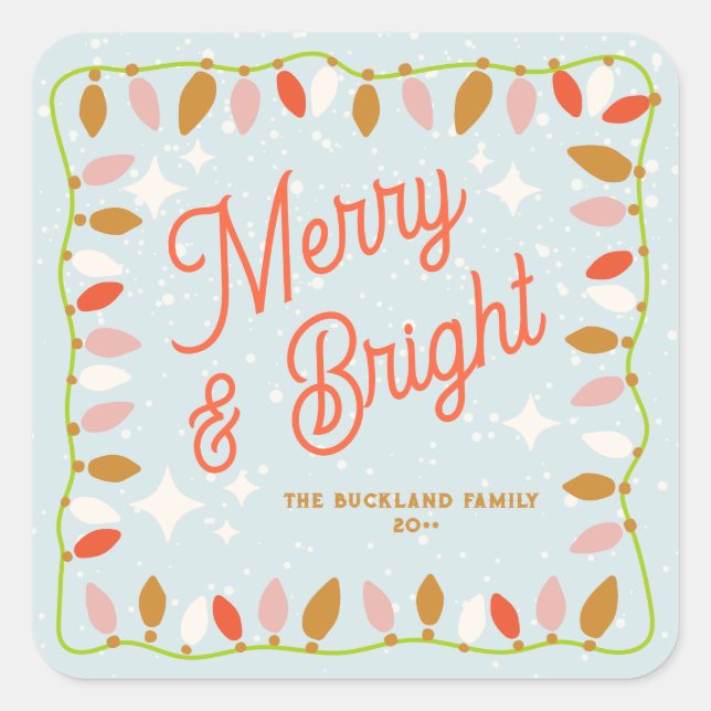 Retro Merry and Bright Christmas Lights Square Sticker (Front)