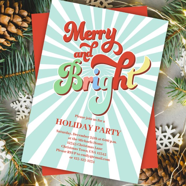 Retro Merry and Bright Christmas Party Invitation (Merry and Bright Christmas party invitations. )