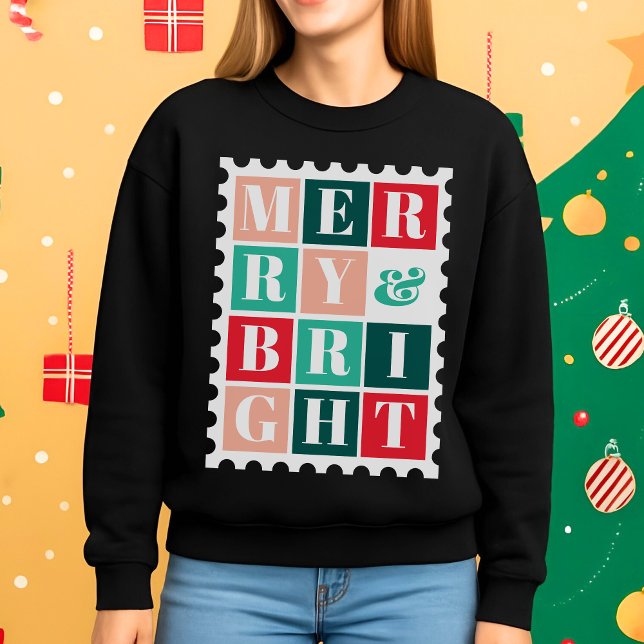 Retro Merry and Bright  Christmas Postage Stamp Sweatshirt (Creator Uploaded)