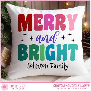 Retro Merry and Bright Customizable Name Christmas Cushion
