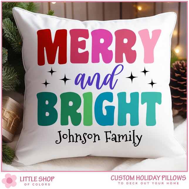 Retro Merry and Bright Customizable Name Christmas Cushion (Creator Uploaded)