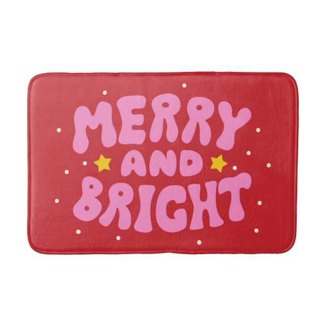 Retro Merry and Bright Holiday Design Bath Mat (Front)