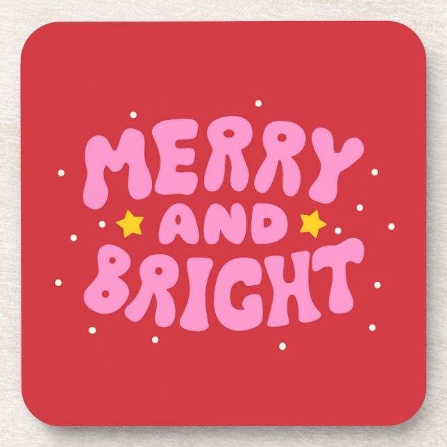Retro Merry and Bright Holiday Design Coaster (Front)