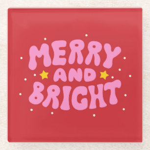 Retro Merry and Bright Holiday Design Glass Coaster