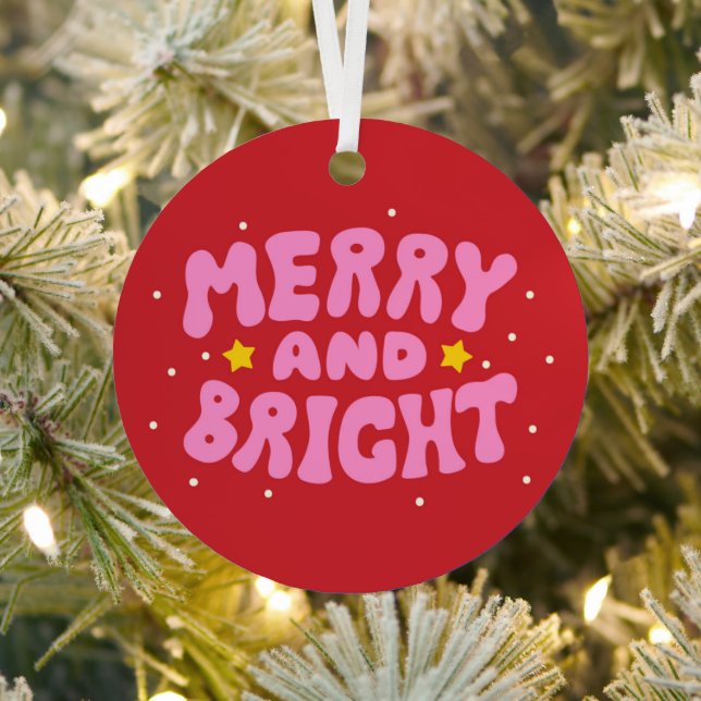 Retro Merry and Bright Holiday Design Metal Tree Decoration (Insitu)