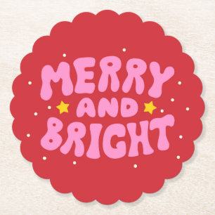 Retro Merry and Bright Holiday Design Paper Coaster
