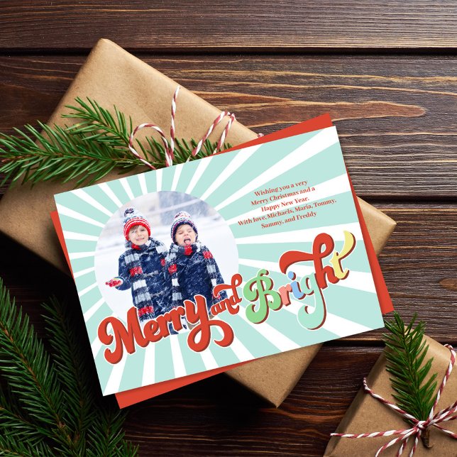 Retro Merry and Bright Photo Christmas Holiday Card (Merry and Bright Christmas holiday photo card.)