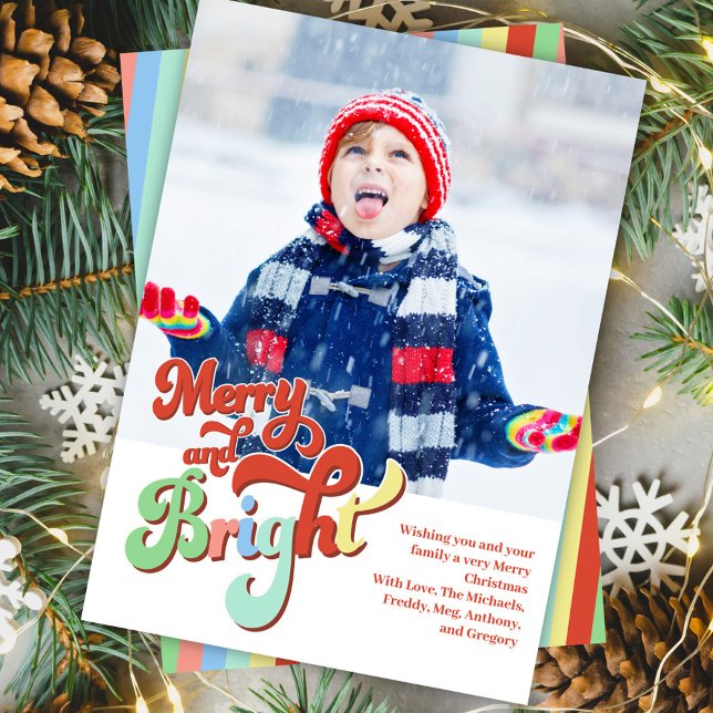 Retro Merry and Bright Photo Christmas Holiday Card (Merry and Bright Christmas holiday photo card.)