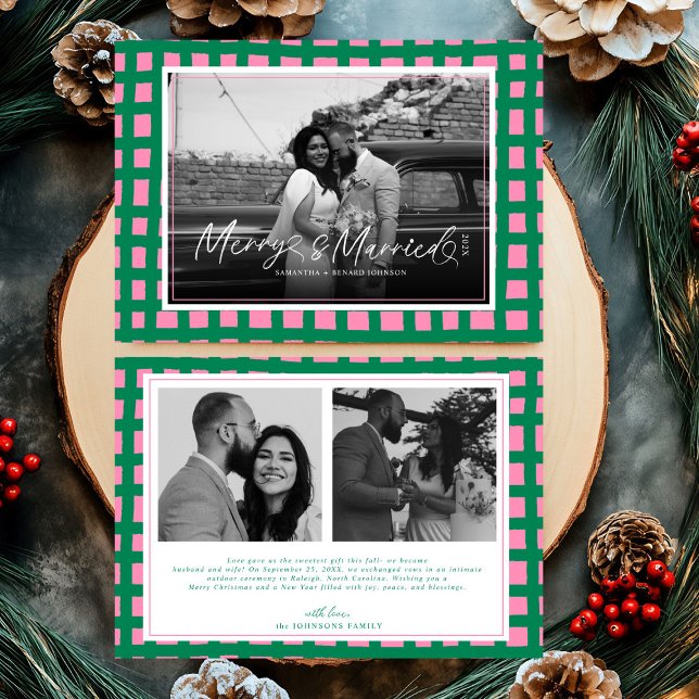 Retro Merry and Married Newlywed Plaid Christmas Holiday Card (Creator Uploaded)