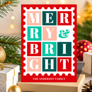 Retro Merry & Bright Christmas Postage Stamp Holiday Card